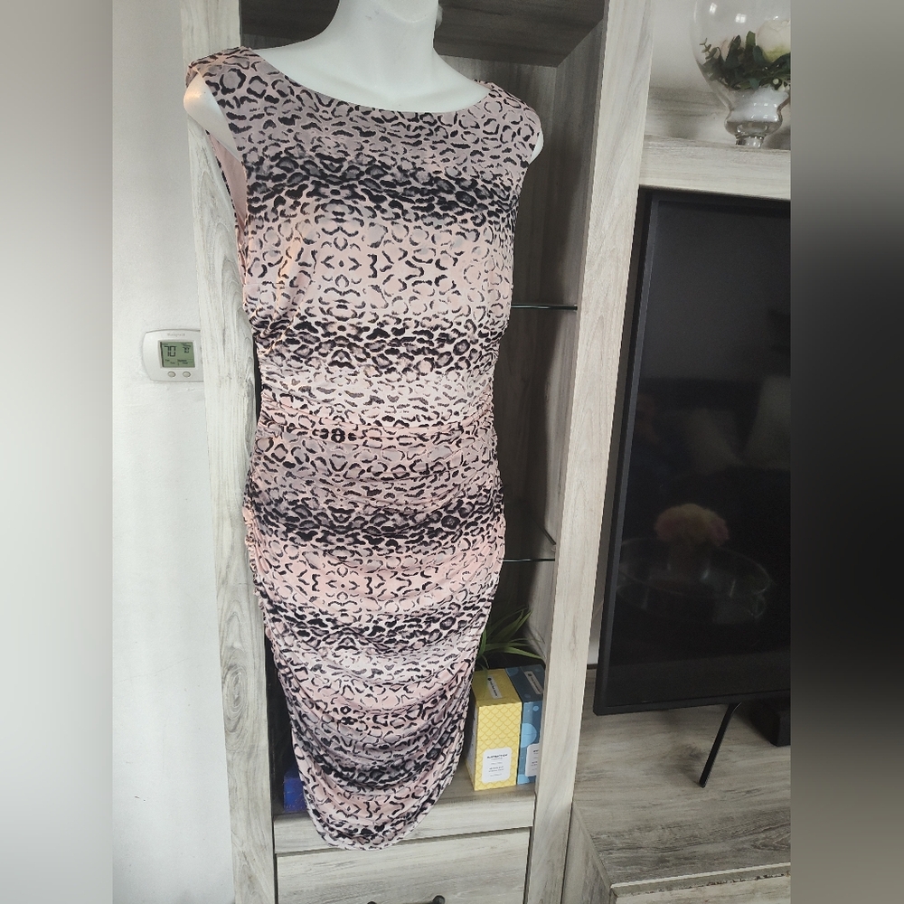 Cache Pink and Black Leopard-Print Midi Sheath Dress